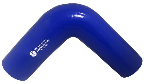 Blauer Silikon Kühlerschlauch als 90° Bogen mit einem Innendurchmesser von  32 mm und einer Wandstärke von 4 mm. Schnenkellänge ca. 152 mm.
